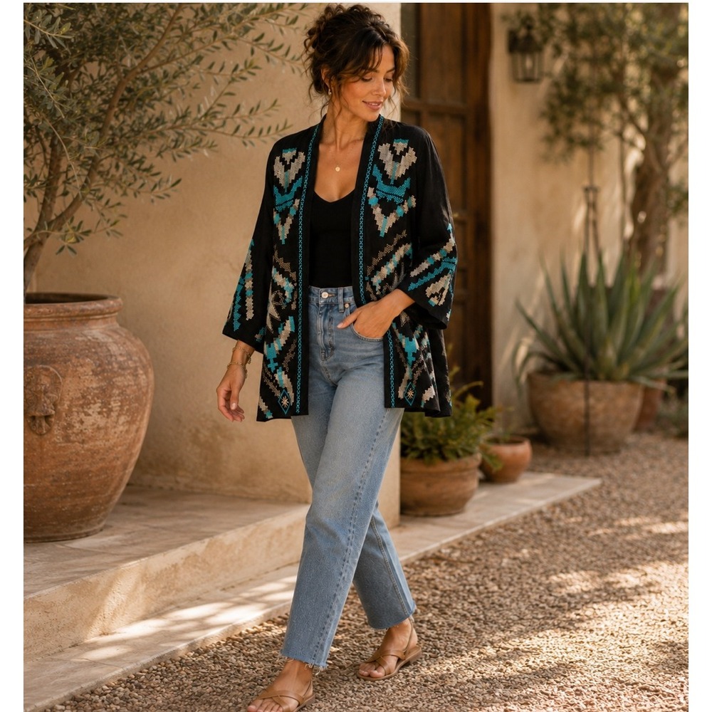 Johnny Was Black Linen Embroidered Southwestern Kimono Cardigan Jacket M Boho